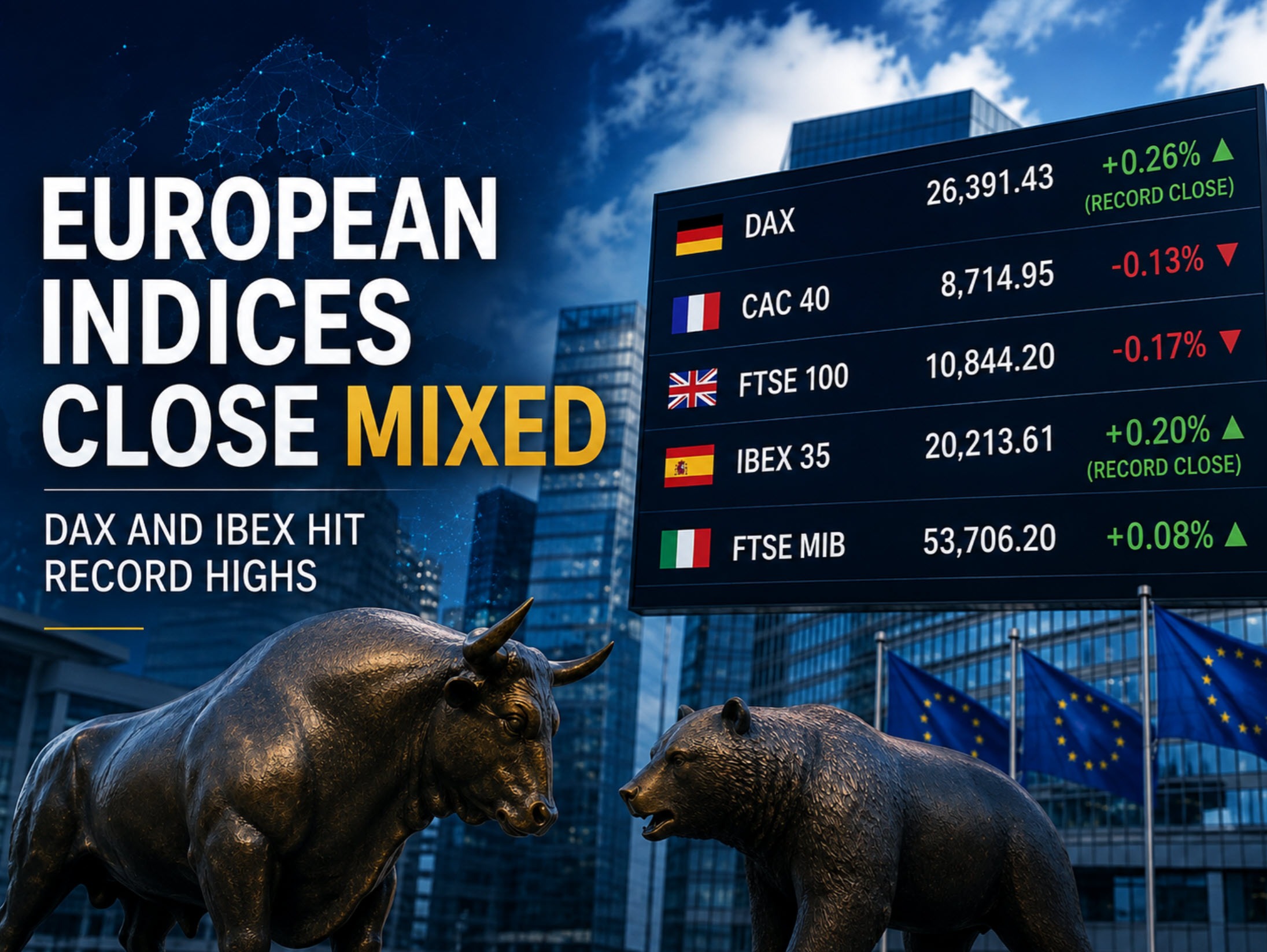 European shares end mixed, but DAX and Ibex close at record highs