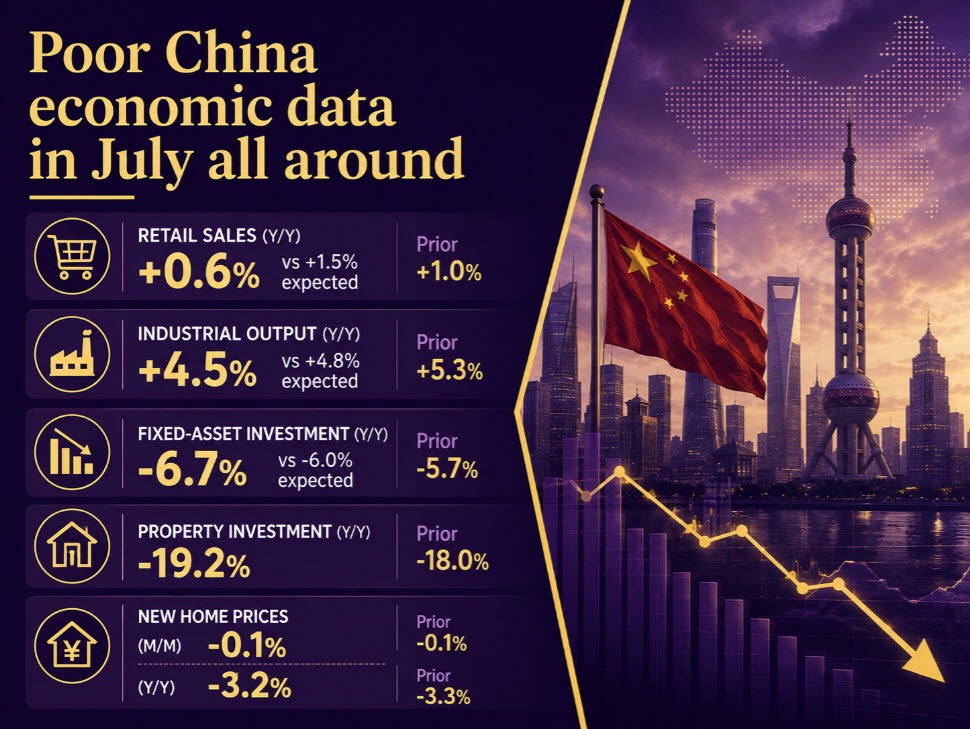China retail sales disappoint in July, industrial output slows while new home prices extend declines